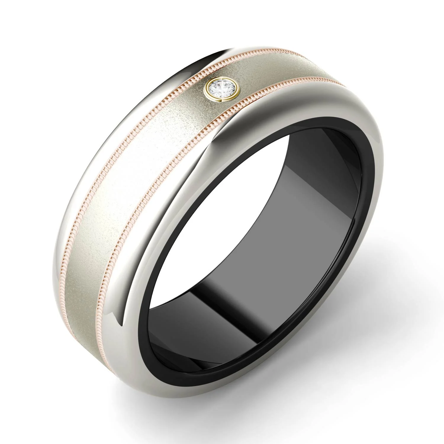 0.03 CTW DEW Bezel Set Center with Parallel Carved Border Titanium Men's Band - Image 2