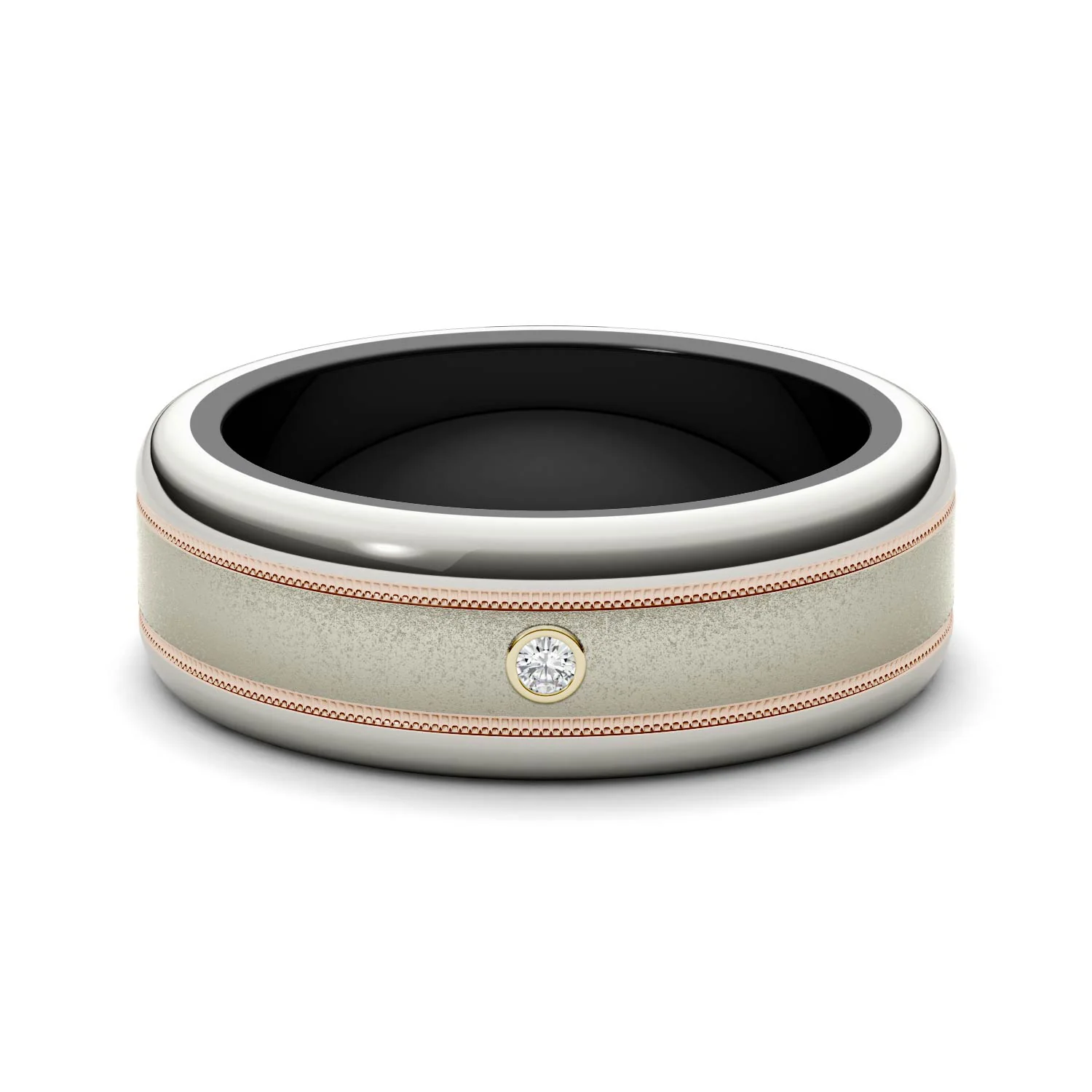 0.03 CTW DEW Bezel Set Center with Parallel Carved Border Titanium Men's Band - Image 4