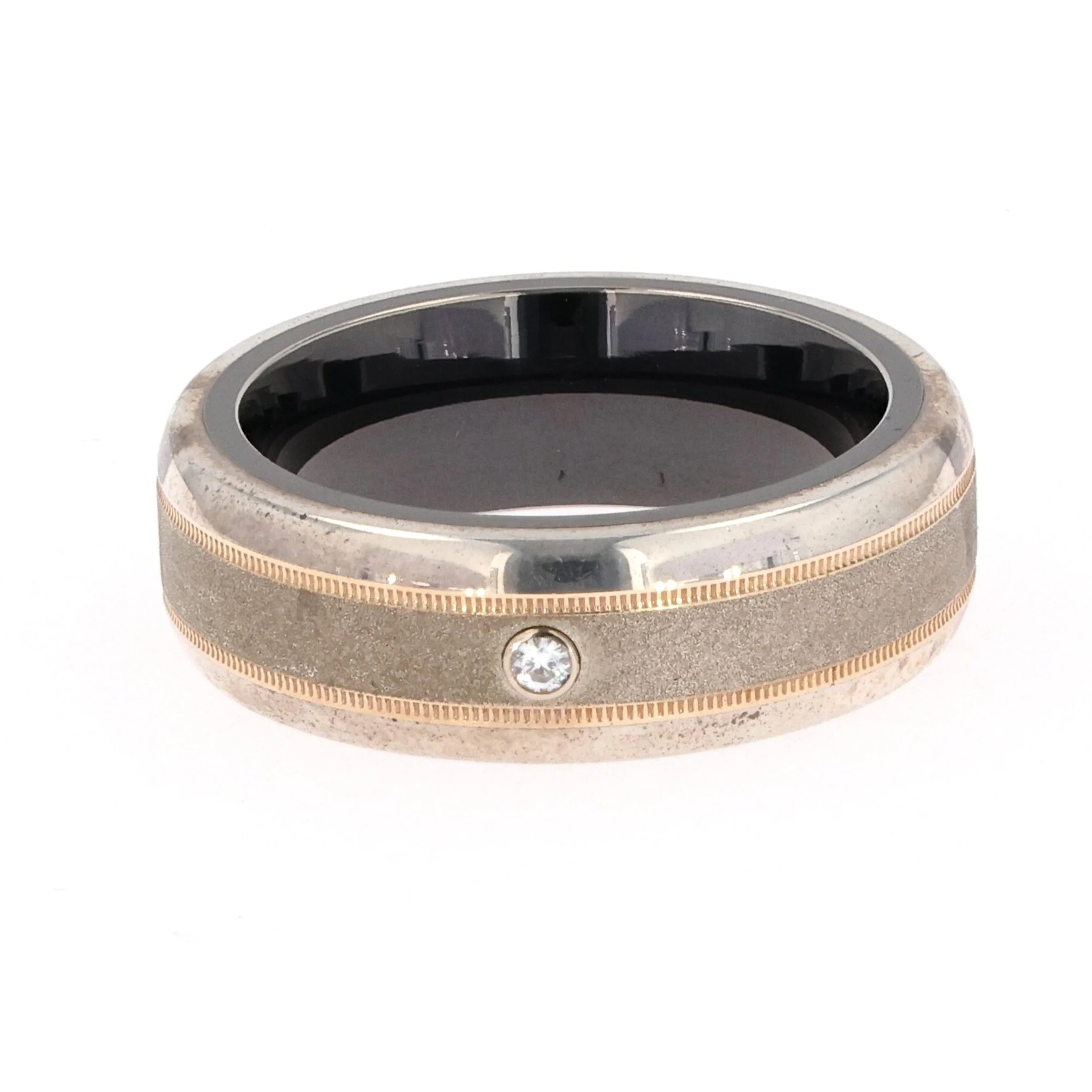 0.03 CTW DEW Moissanite Bezel Set Center with Milgrain Border Titanium Men's Band