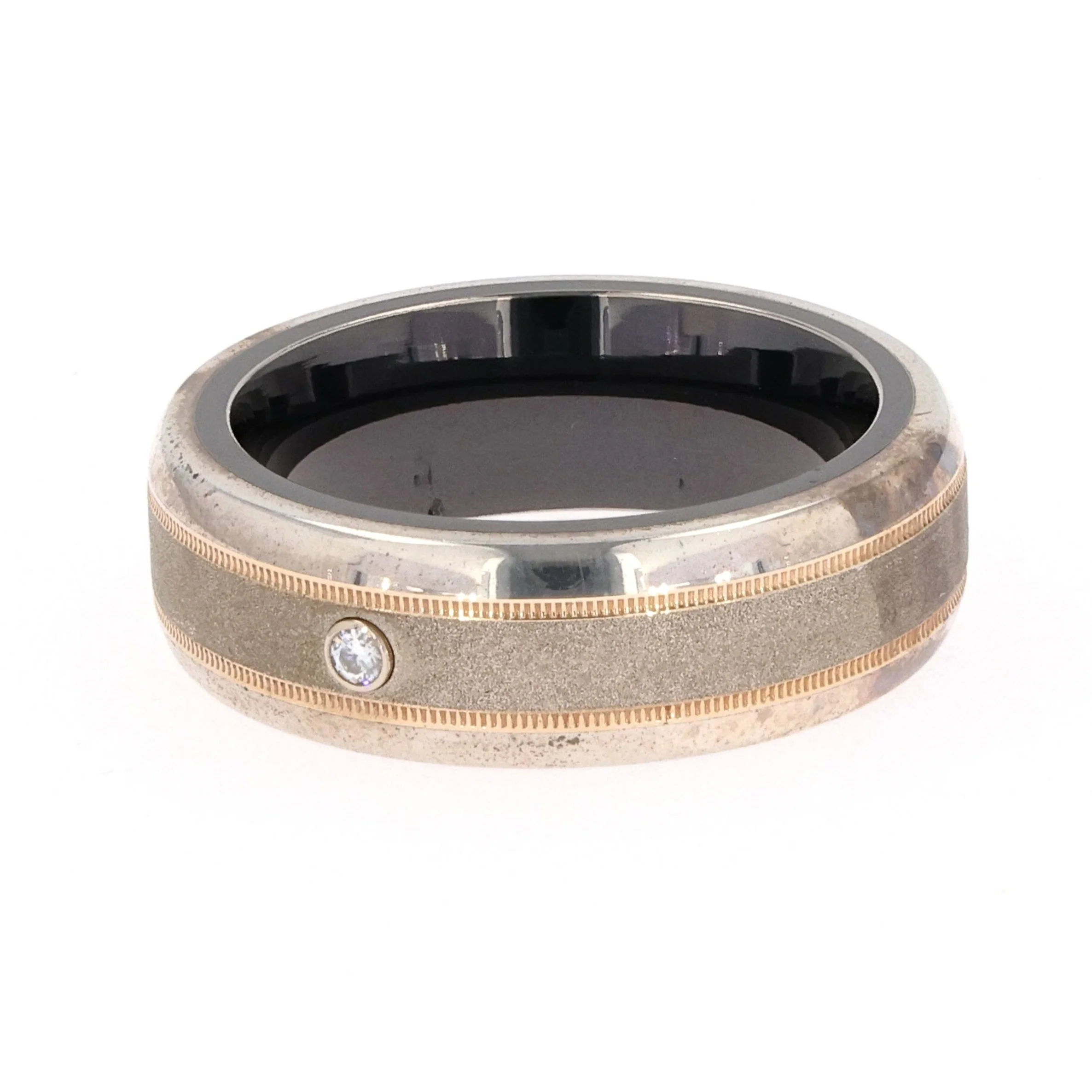 0.03 CTW DEW Moissanite Bezel Set Center with Milgrain Border Titanium Men's Band - Image 2