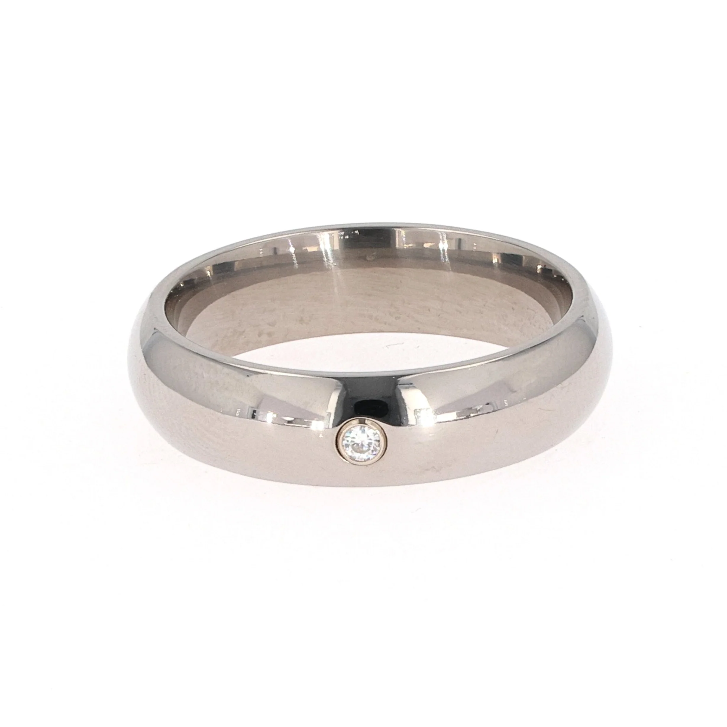 0.03 CTW DEW Round Moissanite Bezel Comfort Fit Wedding Band in Titanium
