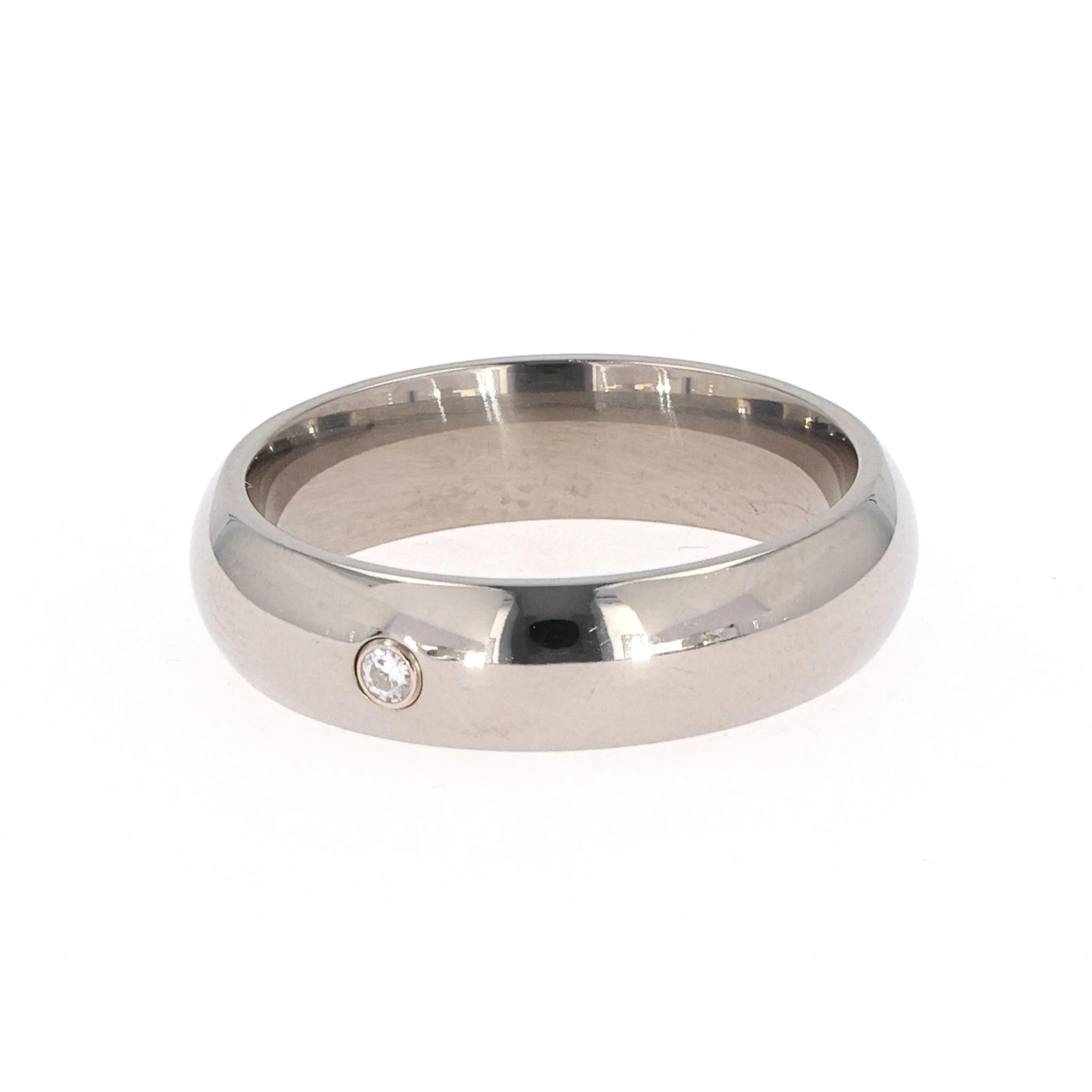 0.03 CTW DEW Round Moissanite Bezel Comfort Fit Wedding Band in Titanium - Image 2