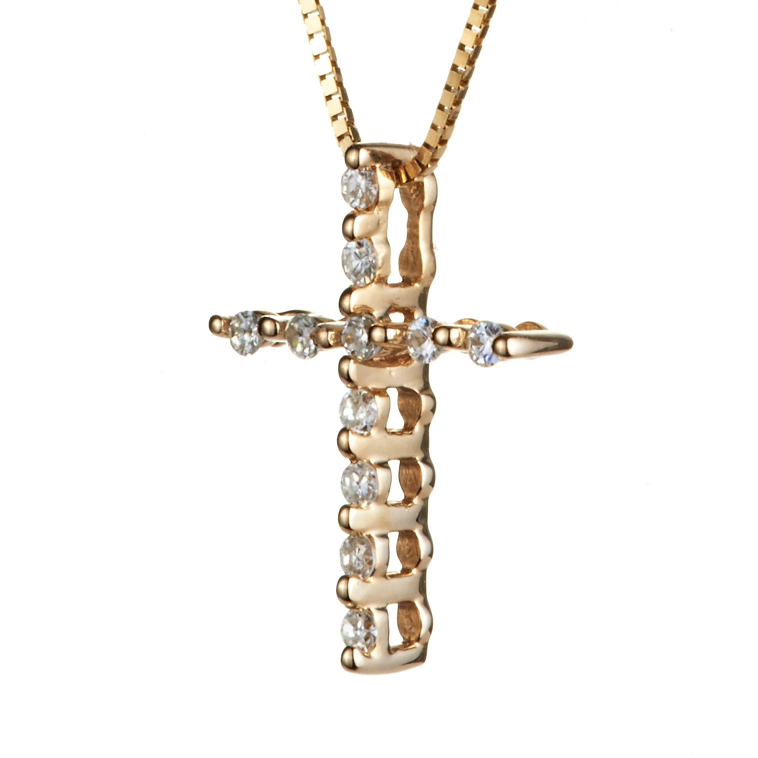 0.11 CTW DEW Round Moissanite Single Prong Cross Pendant in 14K Yellow Gold - Image 2