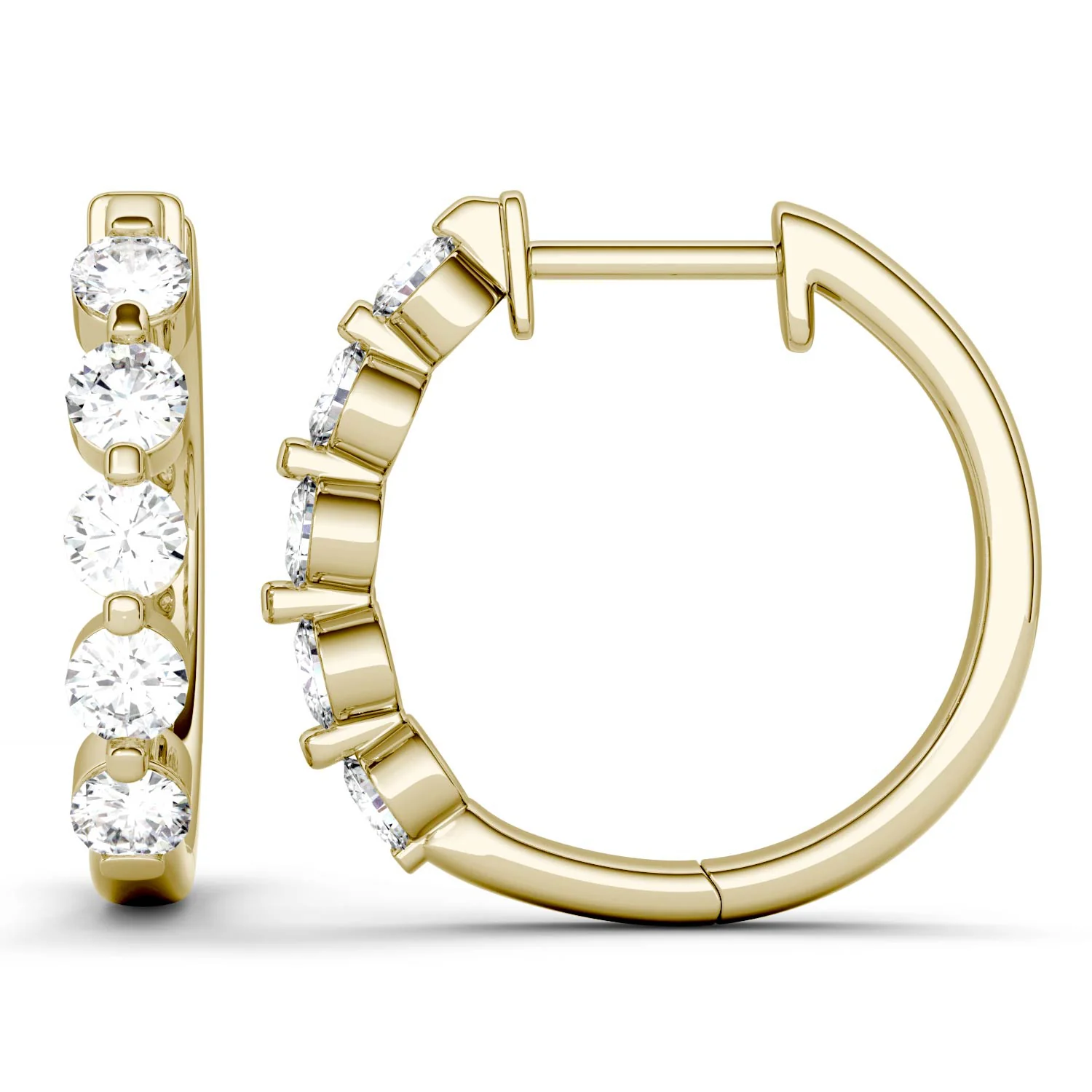 1.00 CTW DEW Round Moissanite Five Stone Hoop Earrings in 14K Yellow Gold