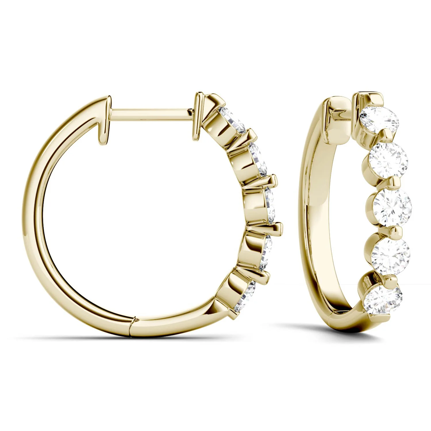 1.00 CTW DEW Round Moissanite Five Stone Hoop Earrings in 14K Yellow Gold - Image 2