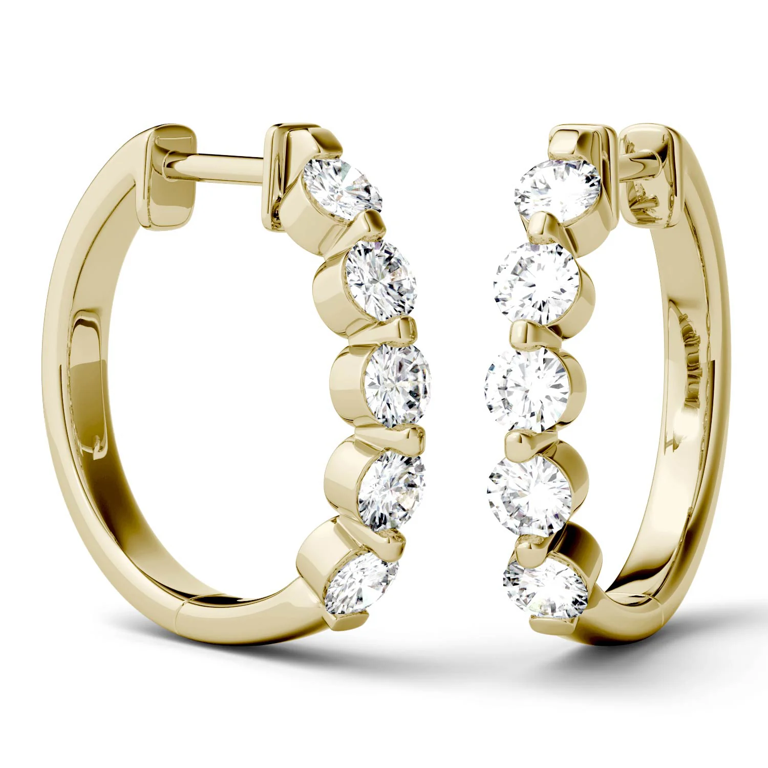 1.00 CTW DEW Round Moissanite Five Stone Hoop Earrings in 14K Yellow Gold - Image 3