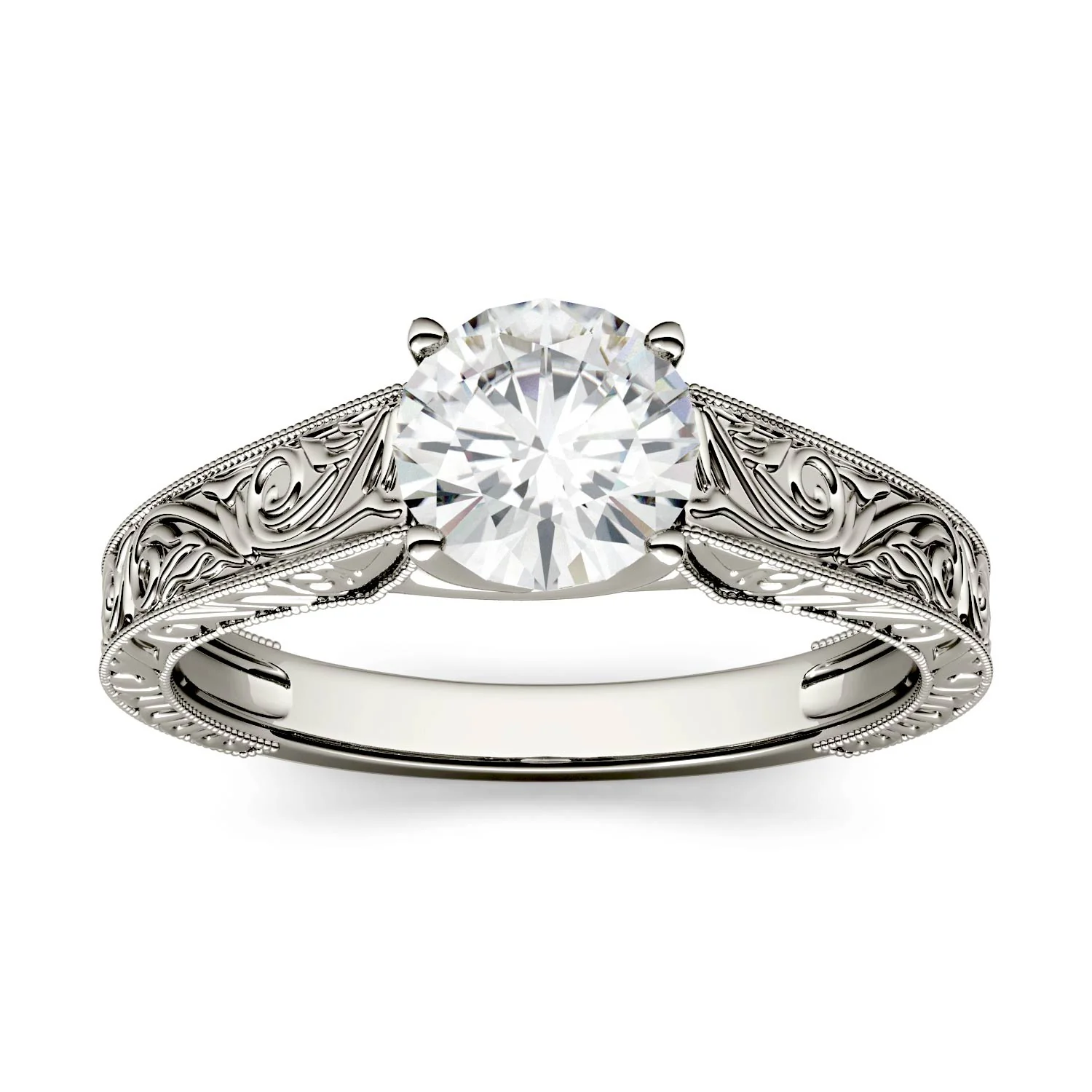 1.00 CTW DEW Round Moissanite Solitaire with Carved Band Engagement Ring in 14K White Gold