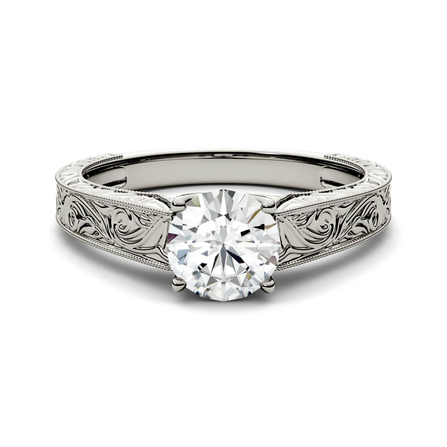 1.00 CTW DEW Round Moissanite Solitaire with Carved Band Engagement Ring in 14K White Gold - Image 4