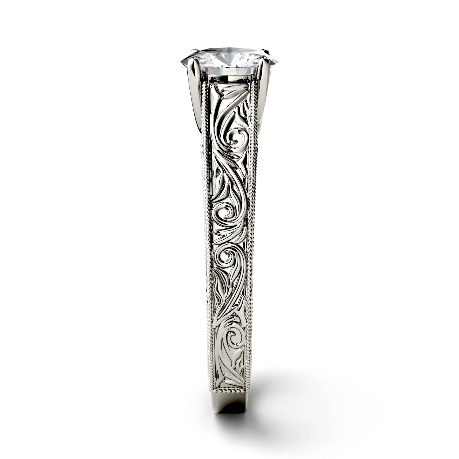 1.00 CTW DEW Round Moissanite Solitaire with Carved Band Engagement Ring in 14K White Gold - Image 5
