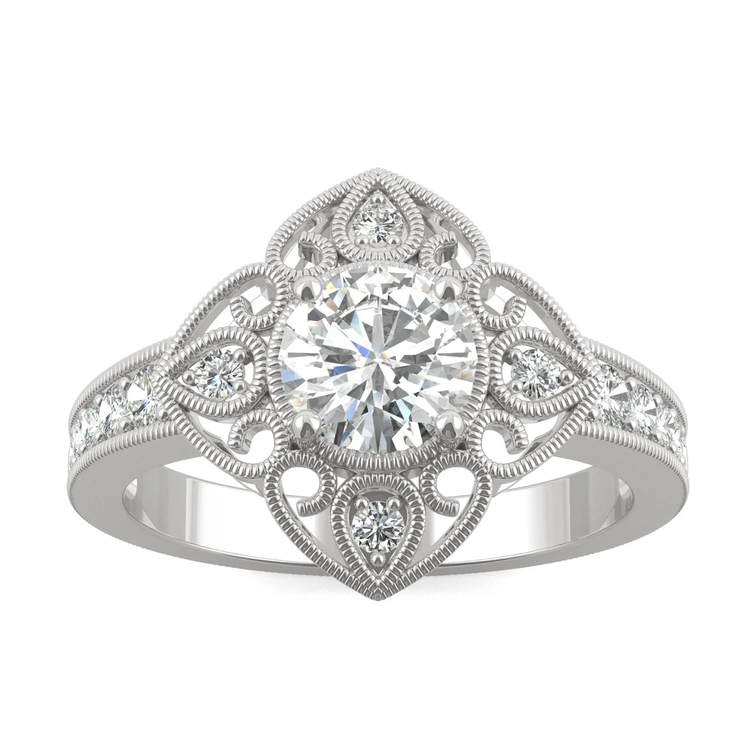 1.05 CTW DEW Round Moissanite Floral Milgrain Fashion Ring in 14K White Gold
