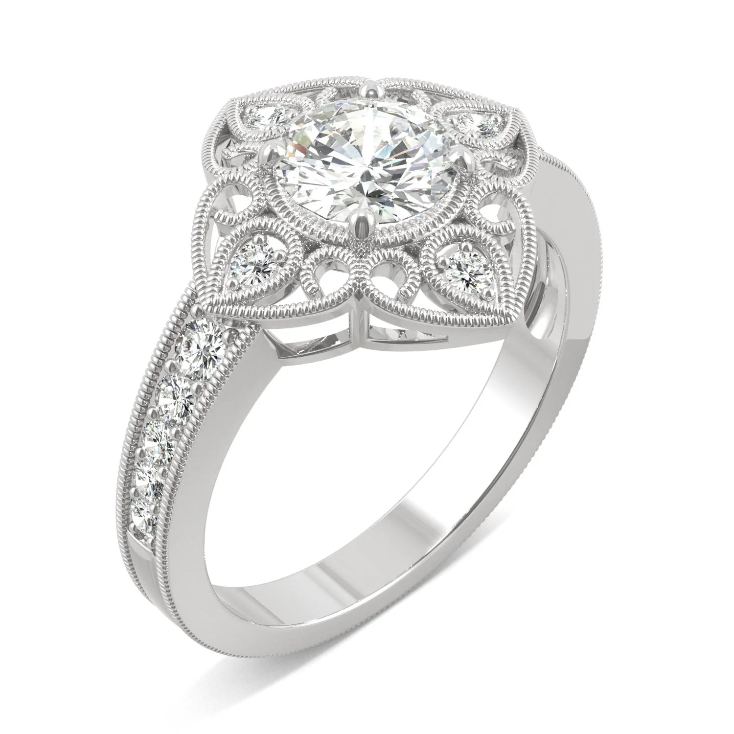 1.05 CTW DEW Round Moissanite Floral Milgrain Fashion Ring in 14K White Gold - Image 2