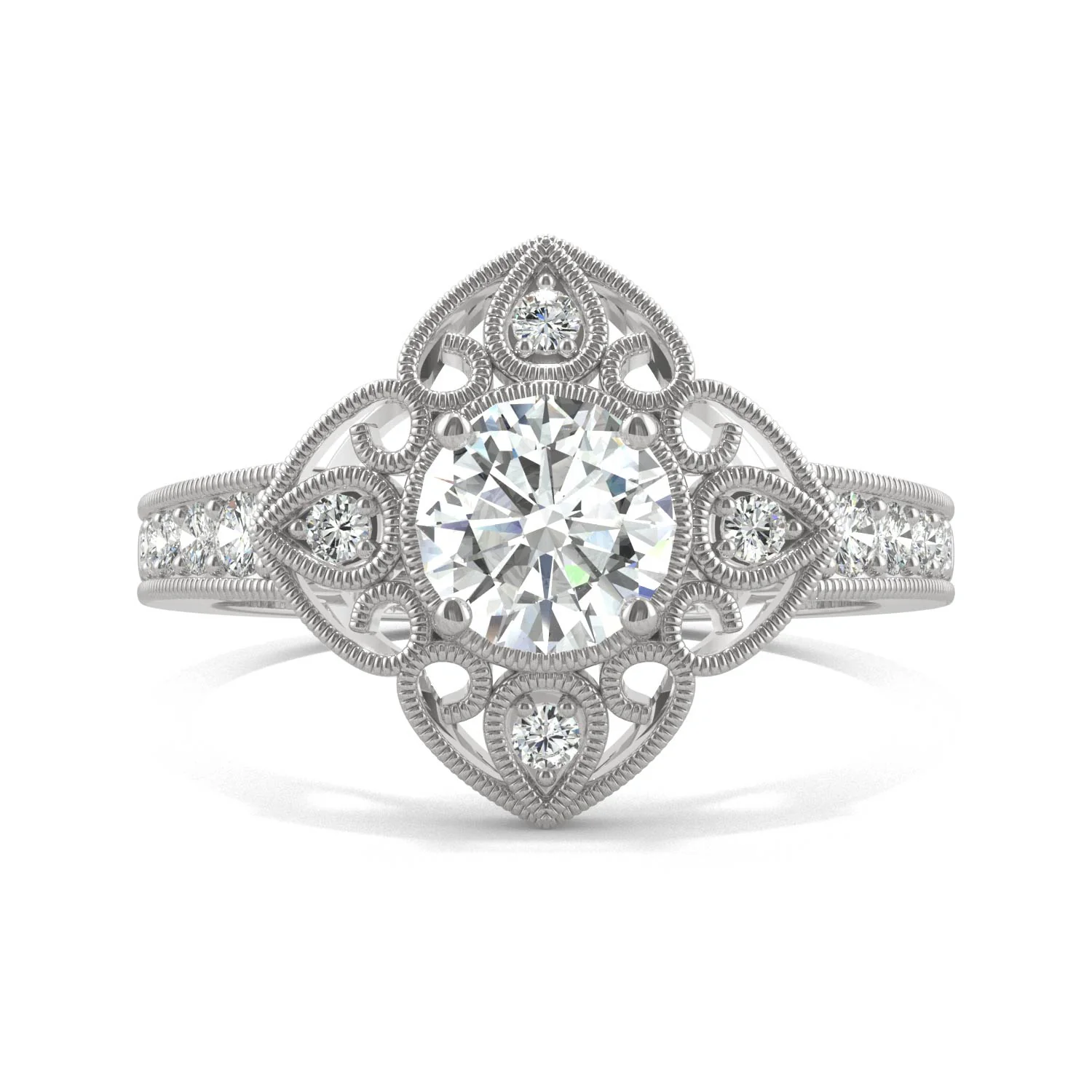 1.05 CTW DEW Round Moissanite Floral Milgrain Fashion Ring in 14K White Gold - Image 4