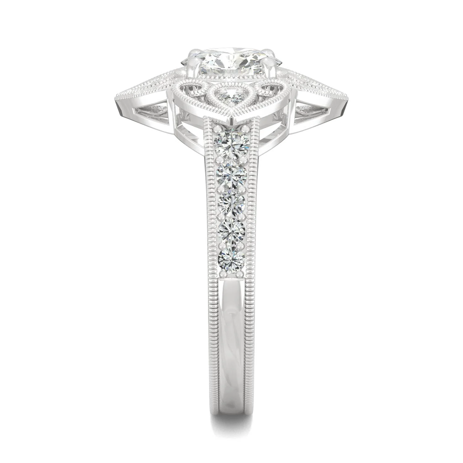 1.05 CTW DEW Round Moissanite Floral Milgrain Fashion Ring in 14K White Gold - Image 5