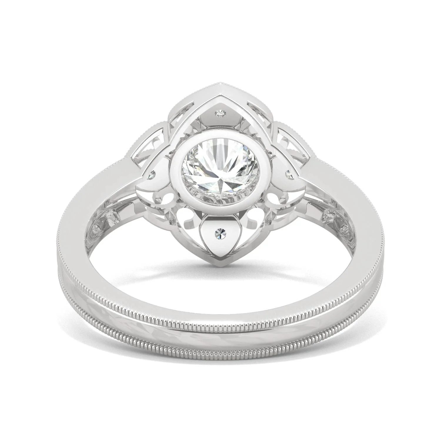 1.05 CTW DEW Round Moissanite Floral Milgrain Fashion Ring in 14K White Gold - Image 6