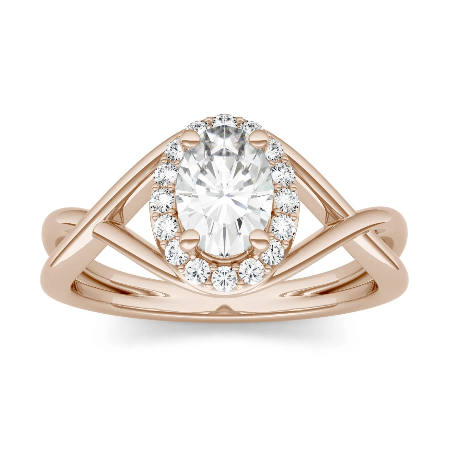 1.06 CTW DEW Oval Moissanite Halo Twist Engagement Ring in 14K Rose Gold