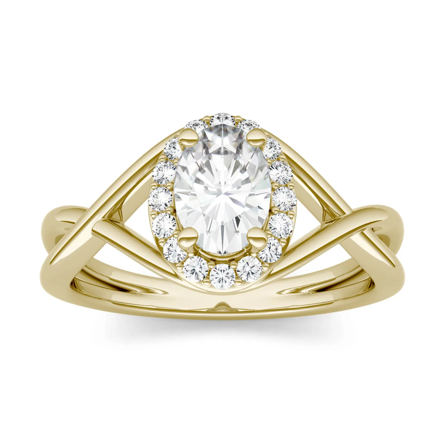 1.06 CTW DEW Oval Moissanite Halo Twist Engagement Ring in 14K Yellow Gold
