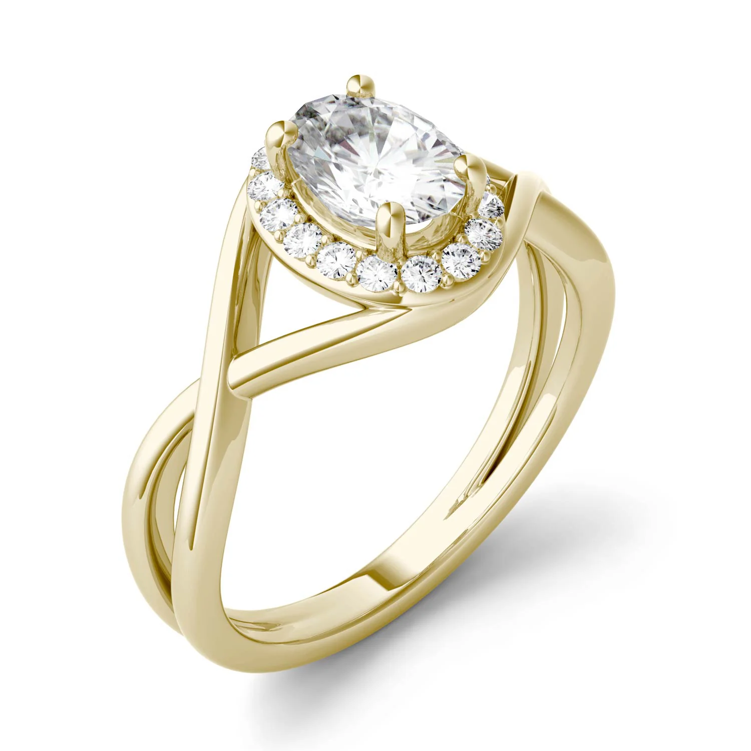 1.06 CTW DEW Oval Moissanite Halo Twist Engagement Ring in 14K Yellow Gold - Image 2