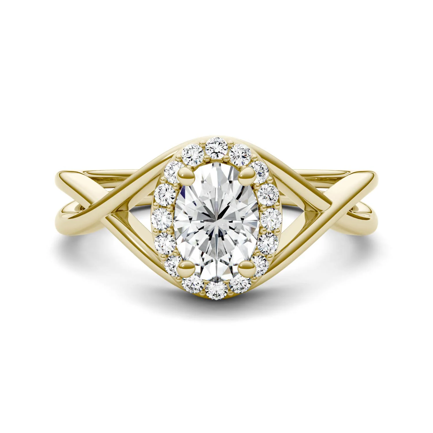 1.06 CTW DEW Oval Moissanite Halo Twist Engagement Ring in 14K Yellow Gold - Image 4