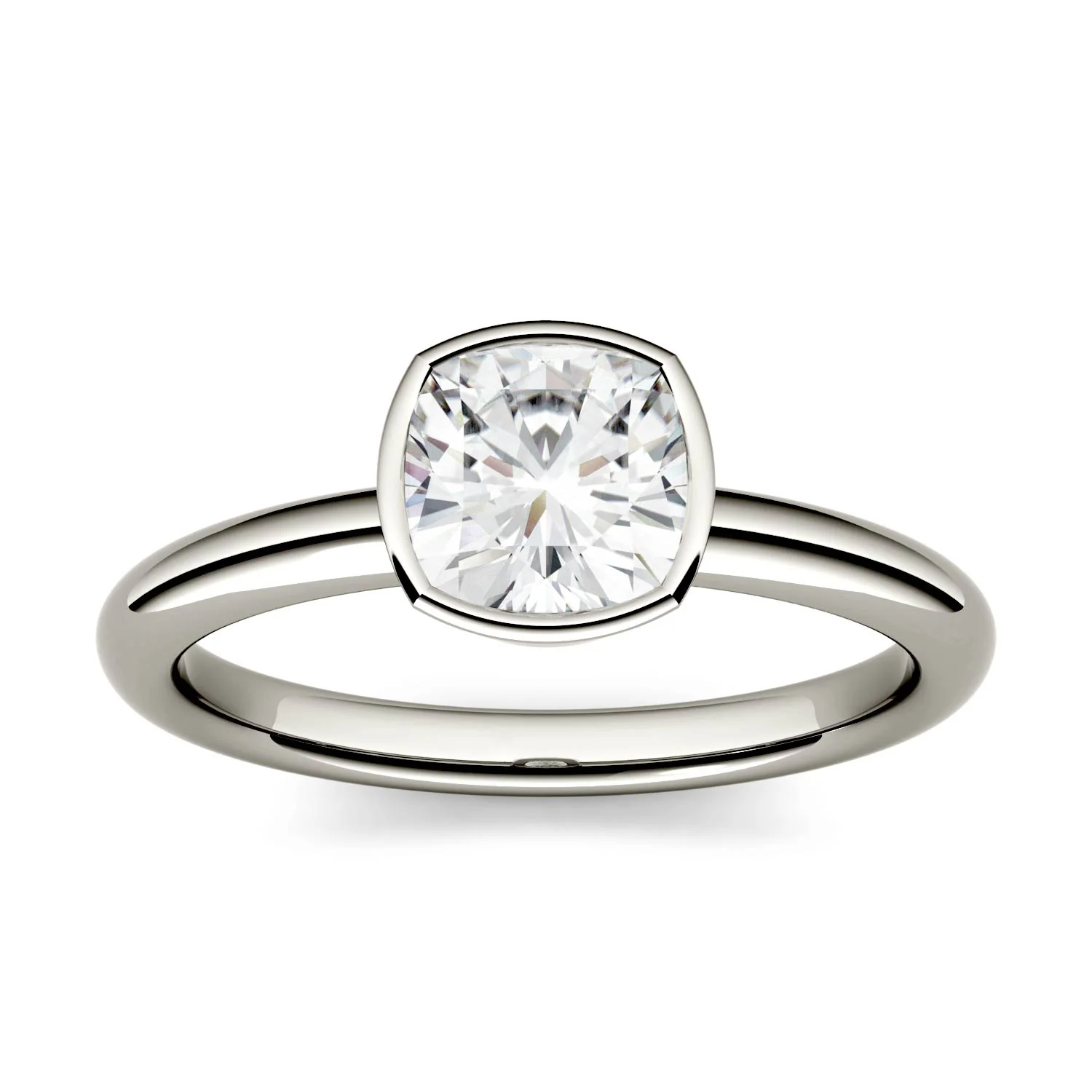 1.10 CTW DEW Cushion Moissanite Bezel Set Solitaire Engagement Ring in 14K White Gold