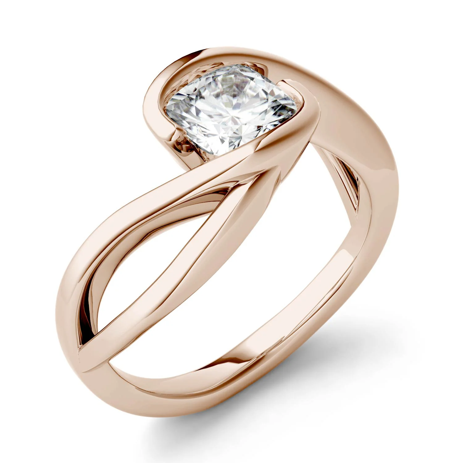 1.10 CTW DEW Cushion Moissanite Swirl Bypass Solitaire Engagement Ring in 14K Rose Gold - Image 2