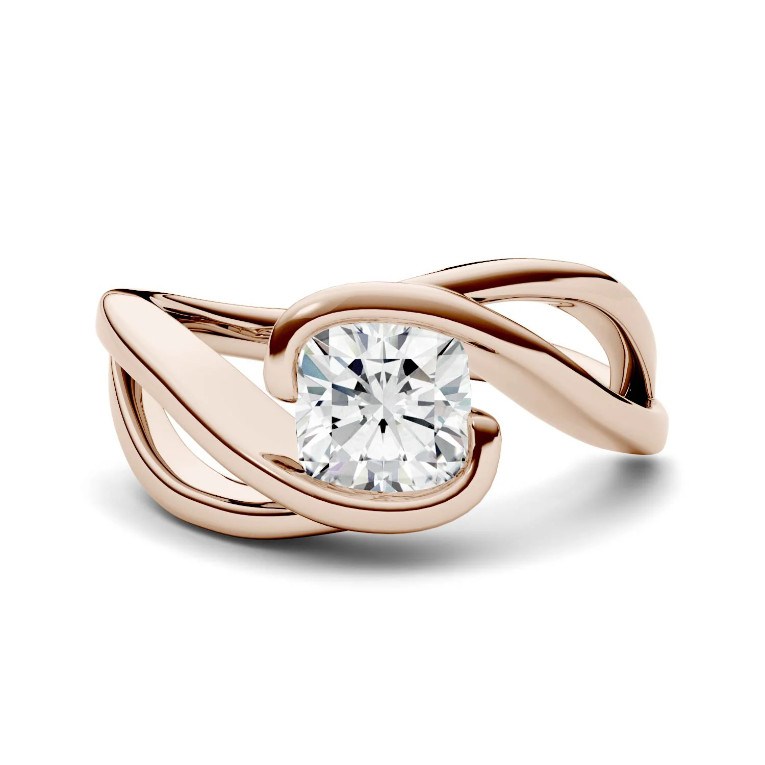 1.10 CTW DEW Cushion Moissanite Swirl Bypass Solitaire Engagement Ring in 14K Rose Gold - Image 4