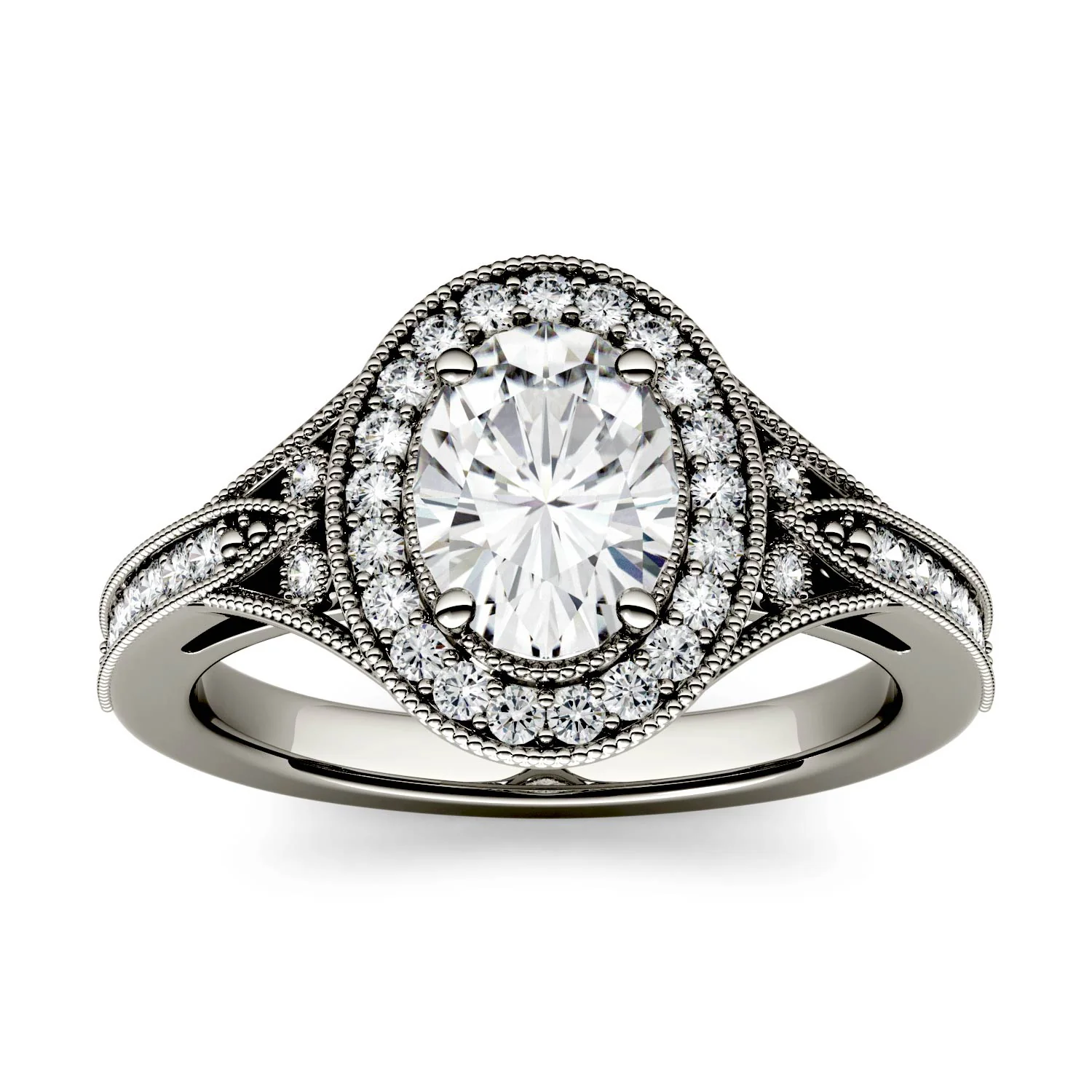 1.15 CTW DEW Oval Moissanite Milgrain Halo with Side Accents Engagement Ring in 14K White Gold