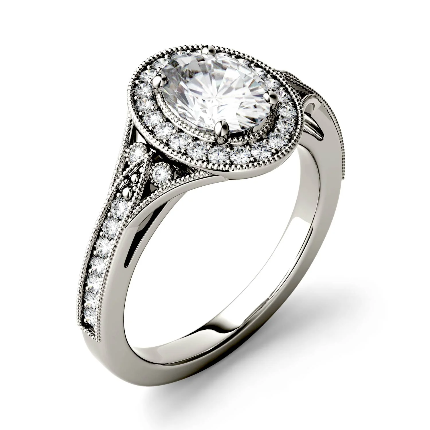 1.15 CTW DEW Oval Moissanite Milgrain Halo with Side Accents Engagement Ring in 14K White Gold - Image 2