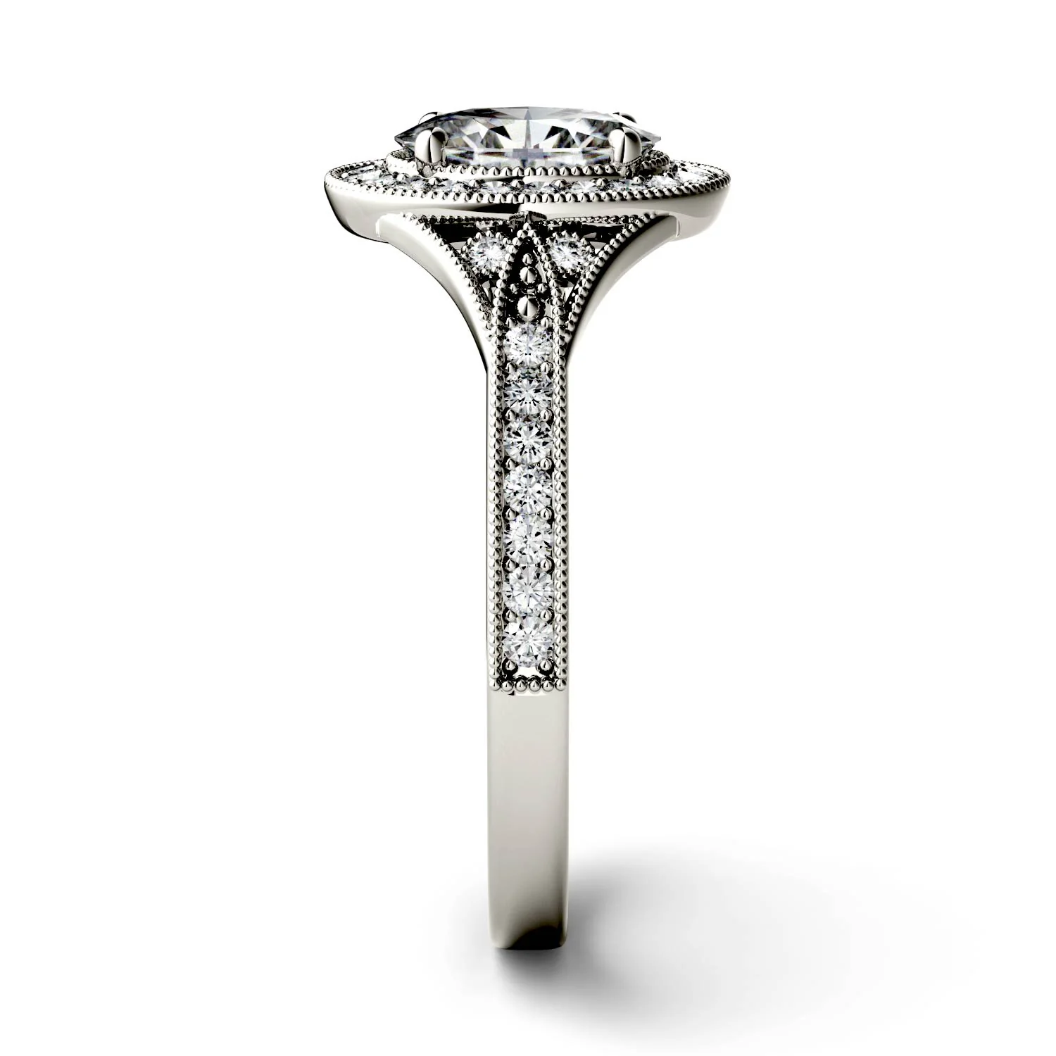 1.15 CTW DEW Oval Moissanite Milgrain Halo with Side Accents Engagement Ring in 14K White Gold - Image 5
