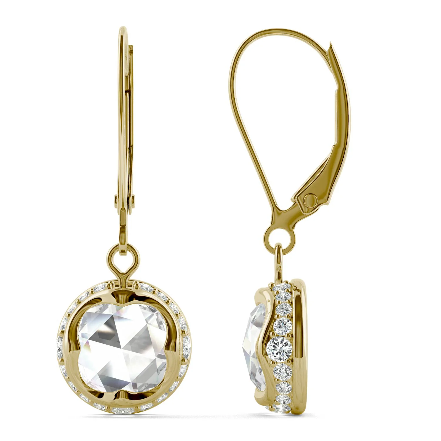 1.25 CTW DEW Round Rose Cut Moissanite Drop Earrings in 14K Yellow Gold