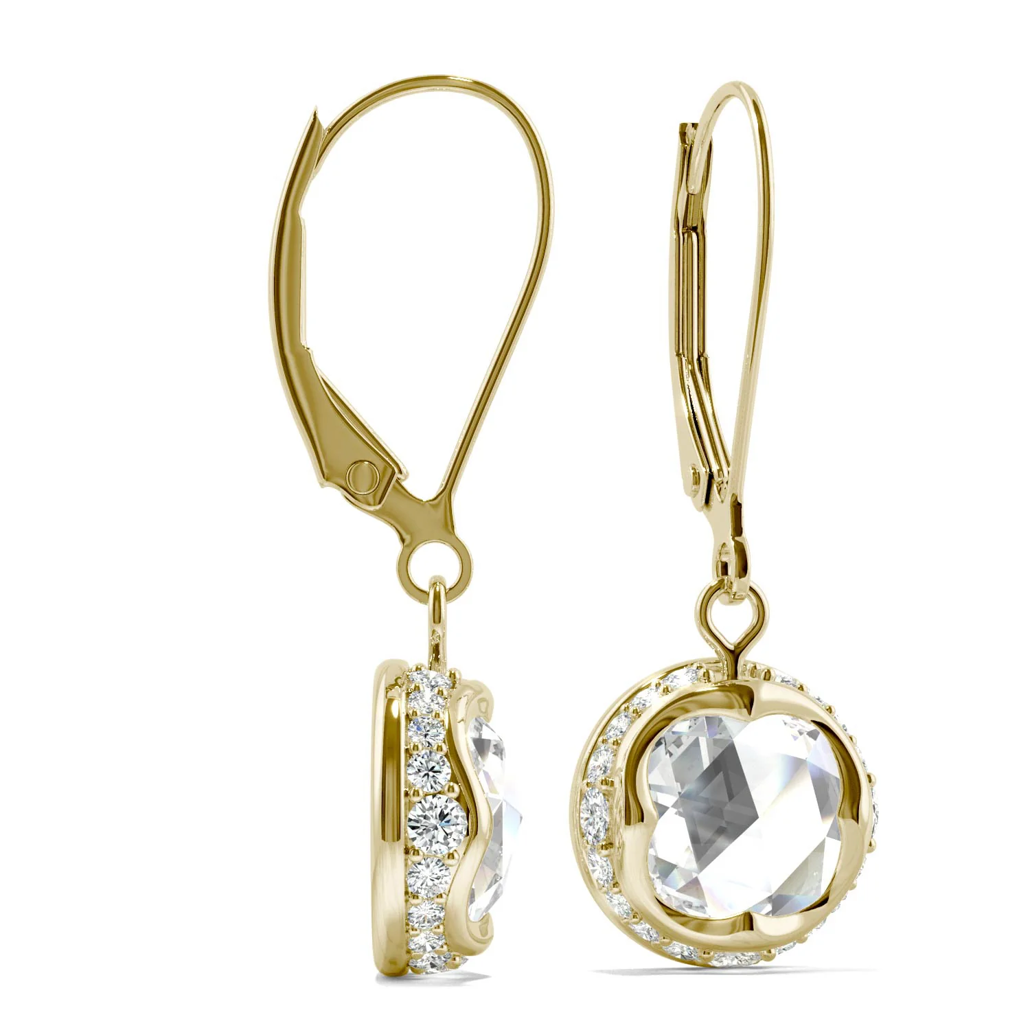 1.25 CTW DEW Round Rose Cut Moissanite Drop Earrings in 14K Yellow Gold - Image 2