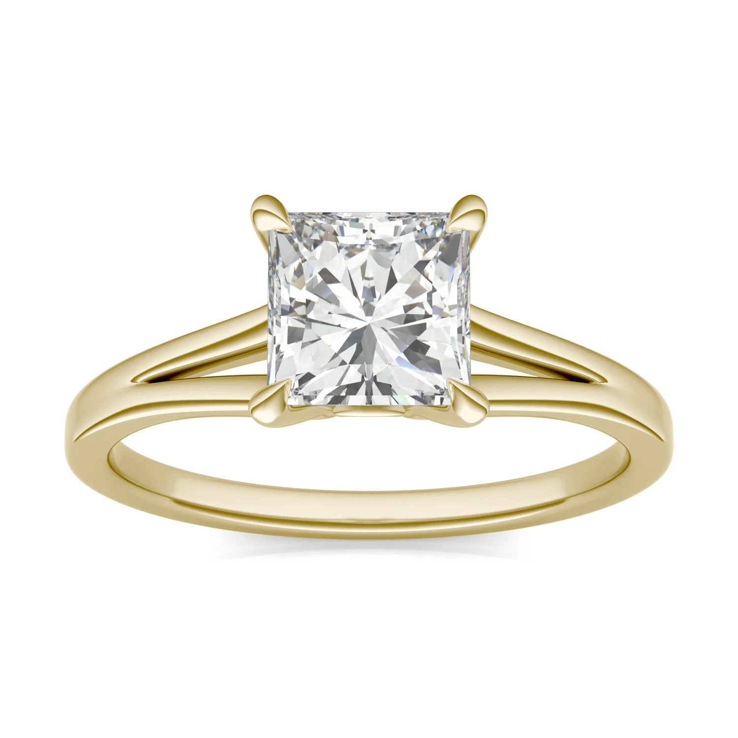 1.26 CTW DEW Princess Moissanite Split Shank Solitaire Engagement Ring in 14K Yellow Gold