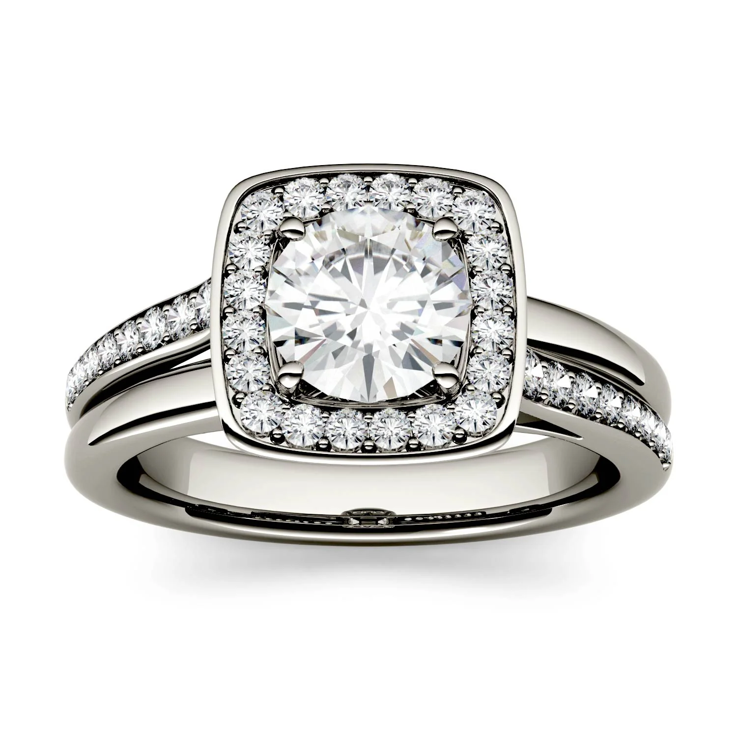 1.28 CTW DEW Round Moissanite Channel Set Halo with Side Accents Engagement Ring in 14K White Gold