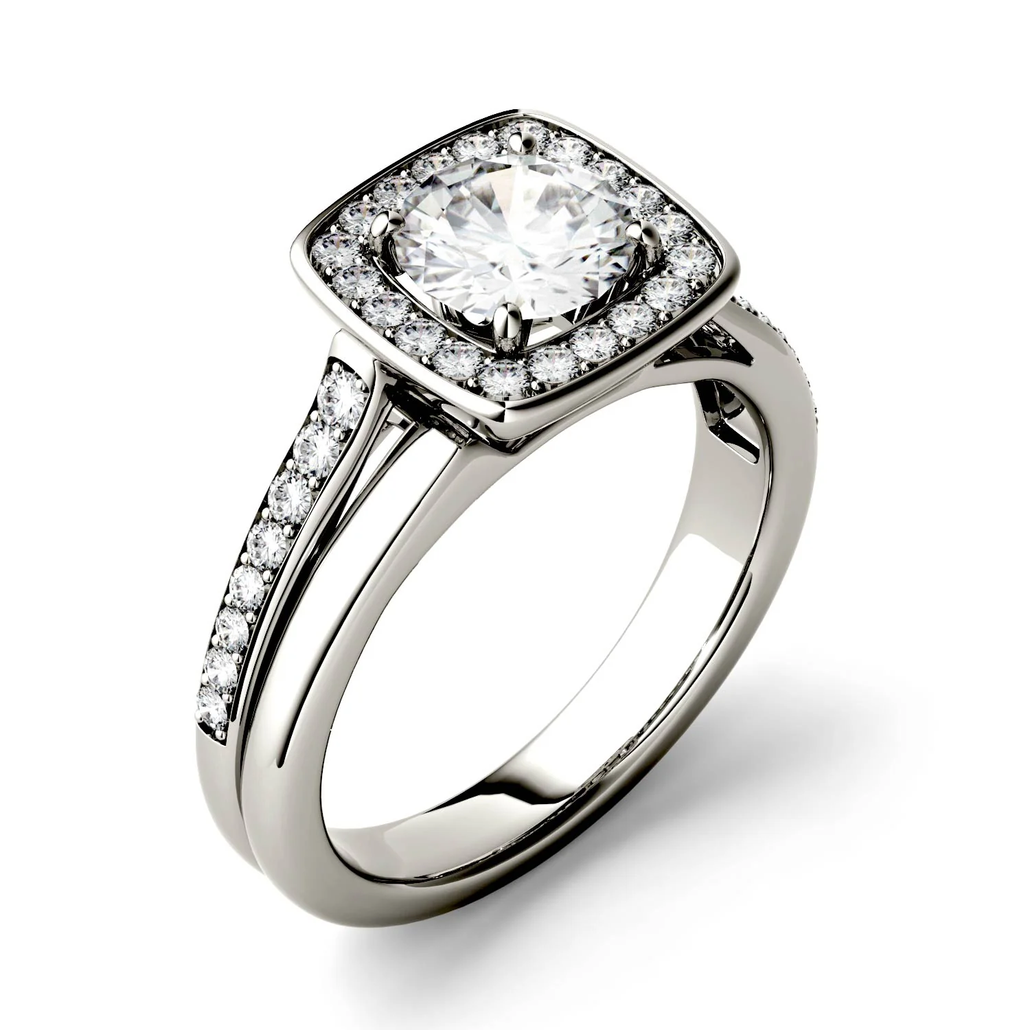 1.28 CTW DEW Round Moissanite Channel Set Halo with Side Accents Engagement Ring in 14K White Gold - Image 2