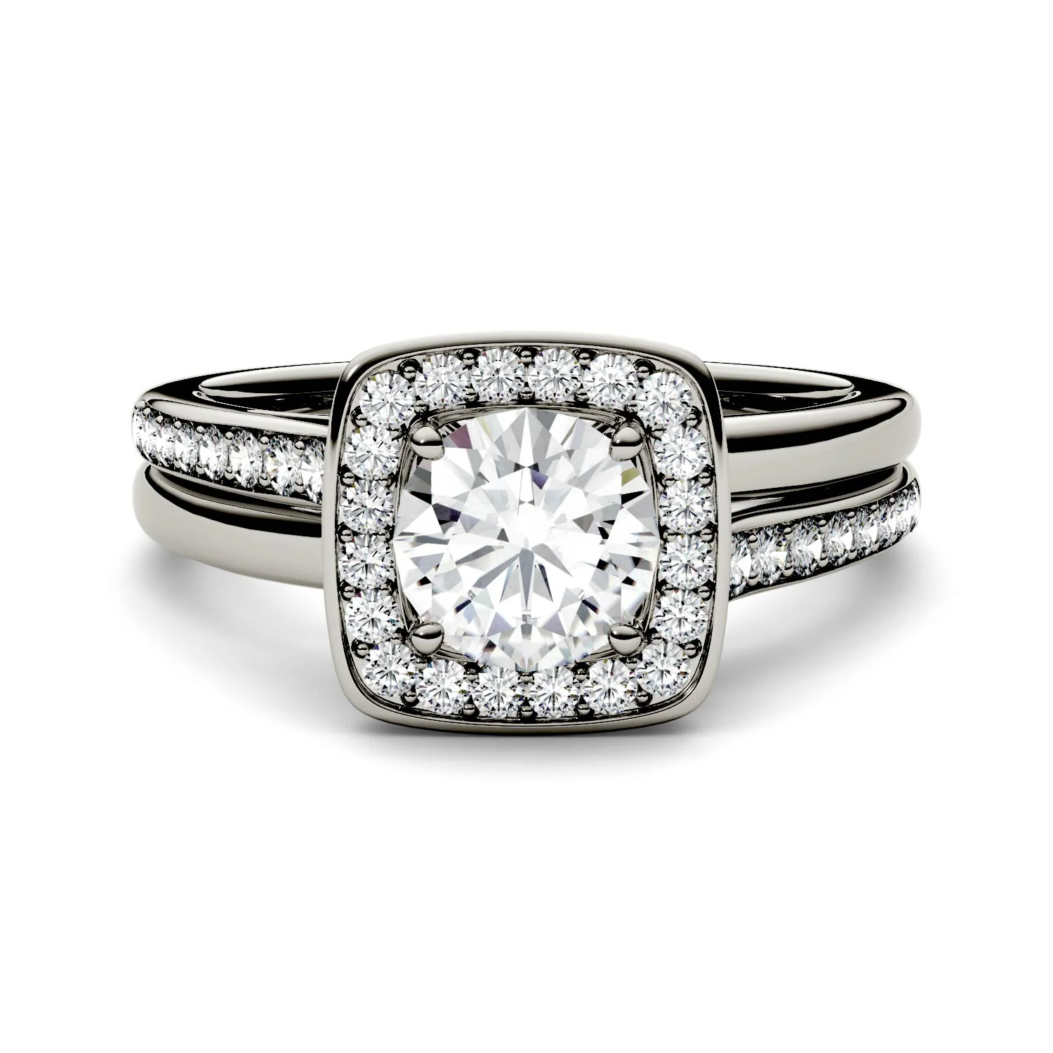 1.28 CTW DEW Round Moissanite Channel Set Halo with Side Accents Engagement Ring in 14K White Gold - Image 4