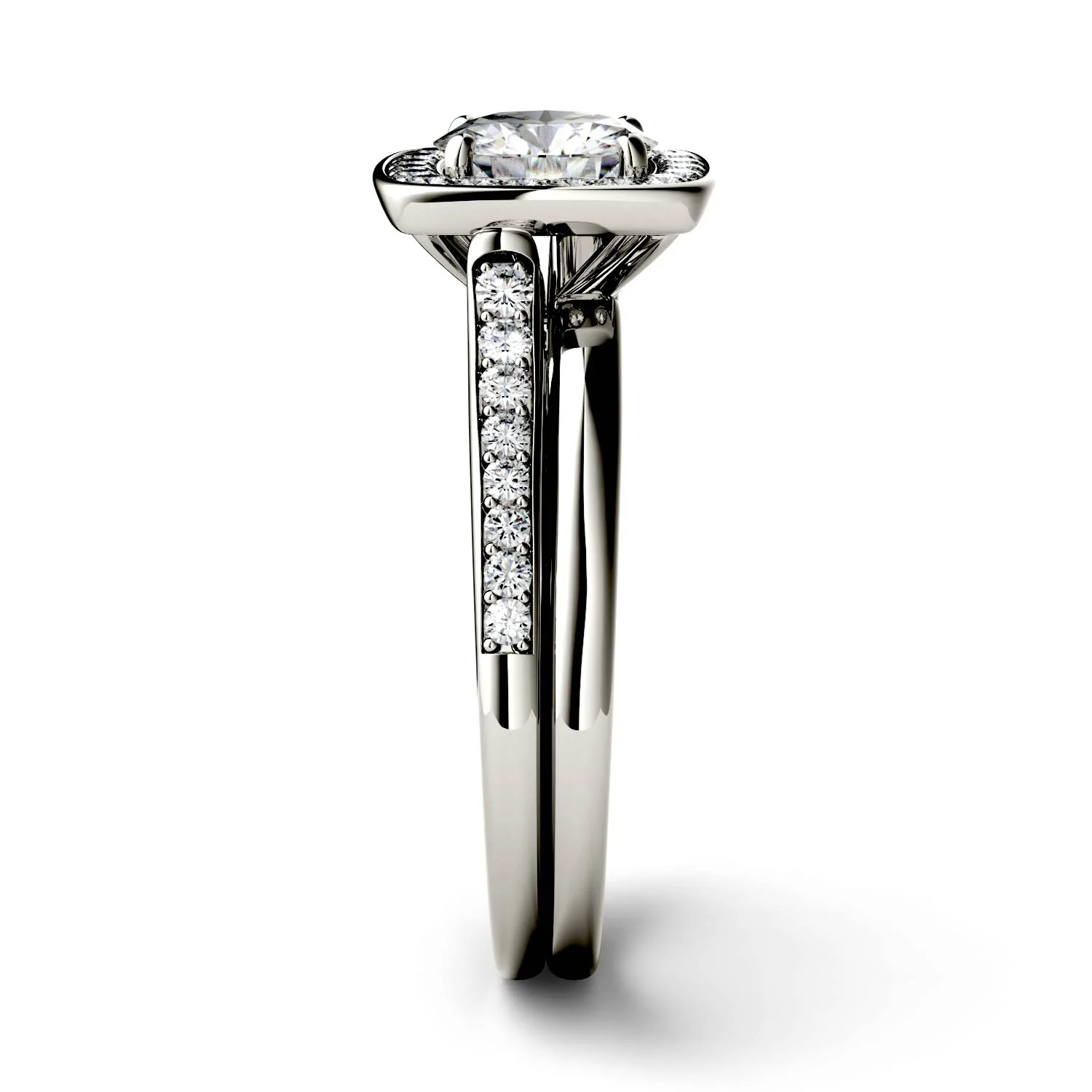 1.28 CTW DEW Round Moissanite Channel Set Halo with Side Accents Engagement Ring in 14K White Gold - Image 5
