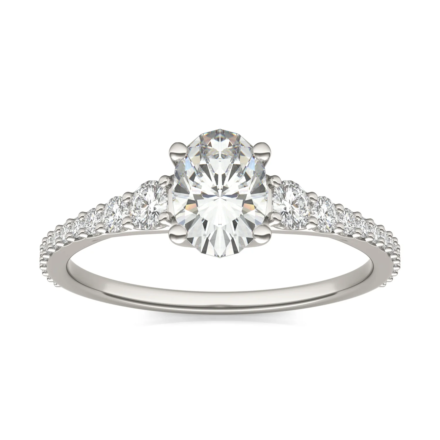1.29 CTW DEW Oval Moissanite Graduated Side-Stone Engagement Ring in 14K White Gold