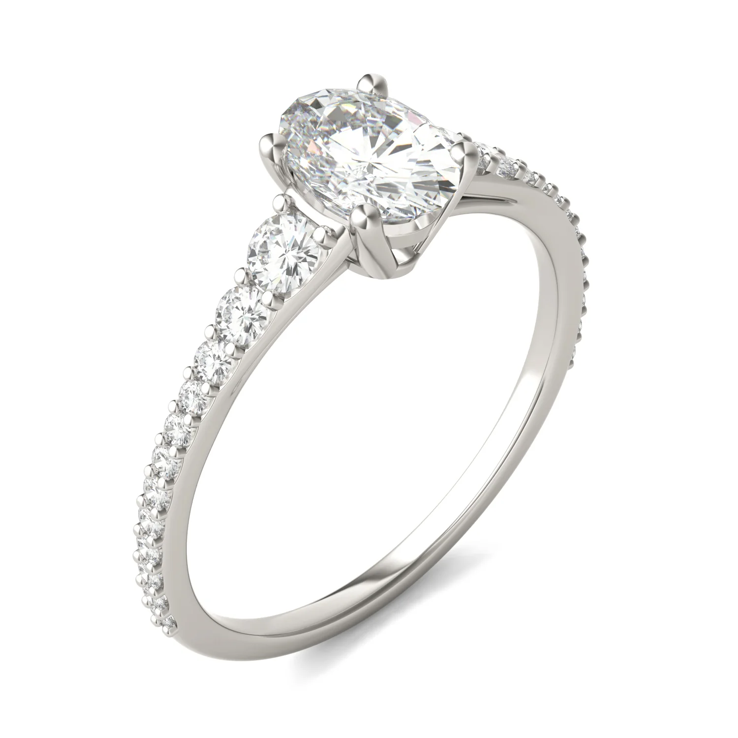 1.29 CTW DEW Oval Moissanite Graduated Side-Stone Engagement Ring in 14K White Gold - Image 2