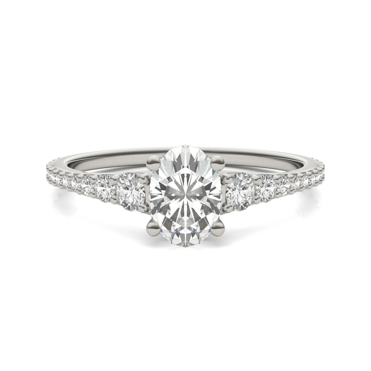 1.29 CTW DEW Oval Moissanite Graduated Side-Stone Engagement Ring in 14K White Gold - Image 4