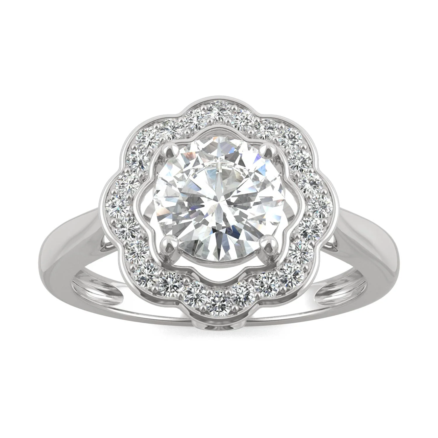 1.29 CTW DEW Round Moissanite Floral Halo Engagement Ring in 14K White Gold