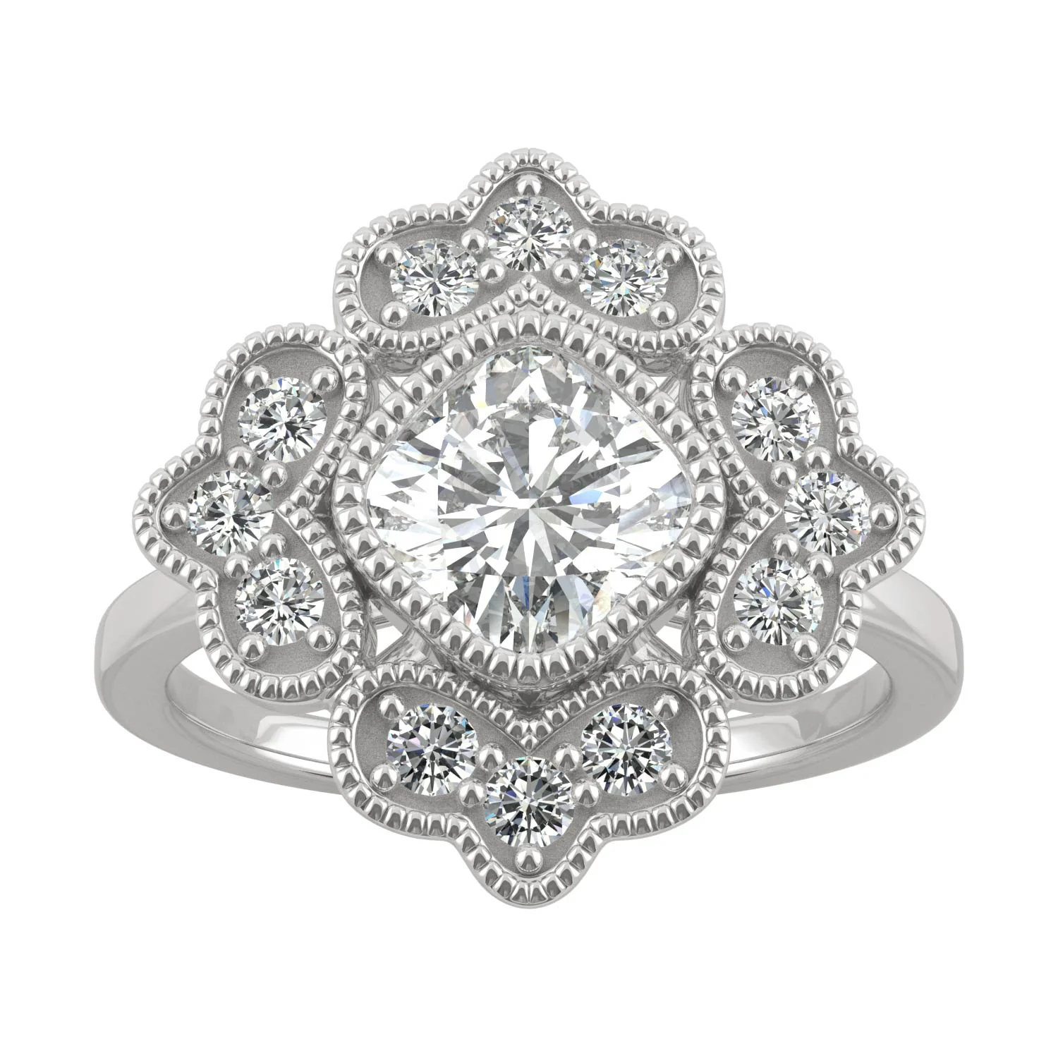 1.40 CTW DEW Cushion Moissanite Floral Milgrain Halo Ring in 14K White Gold