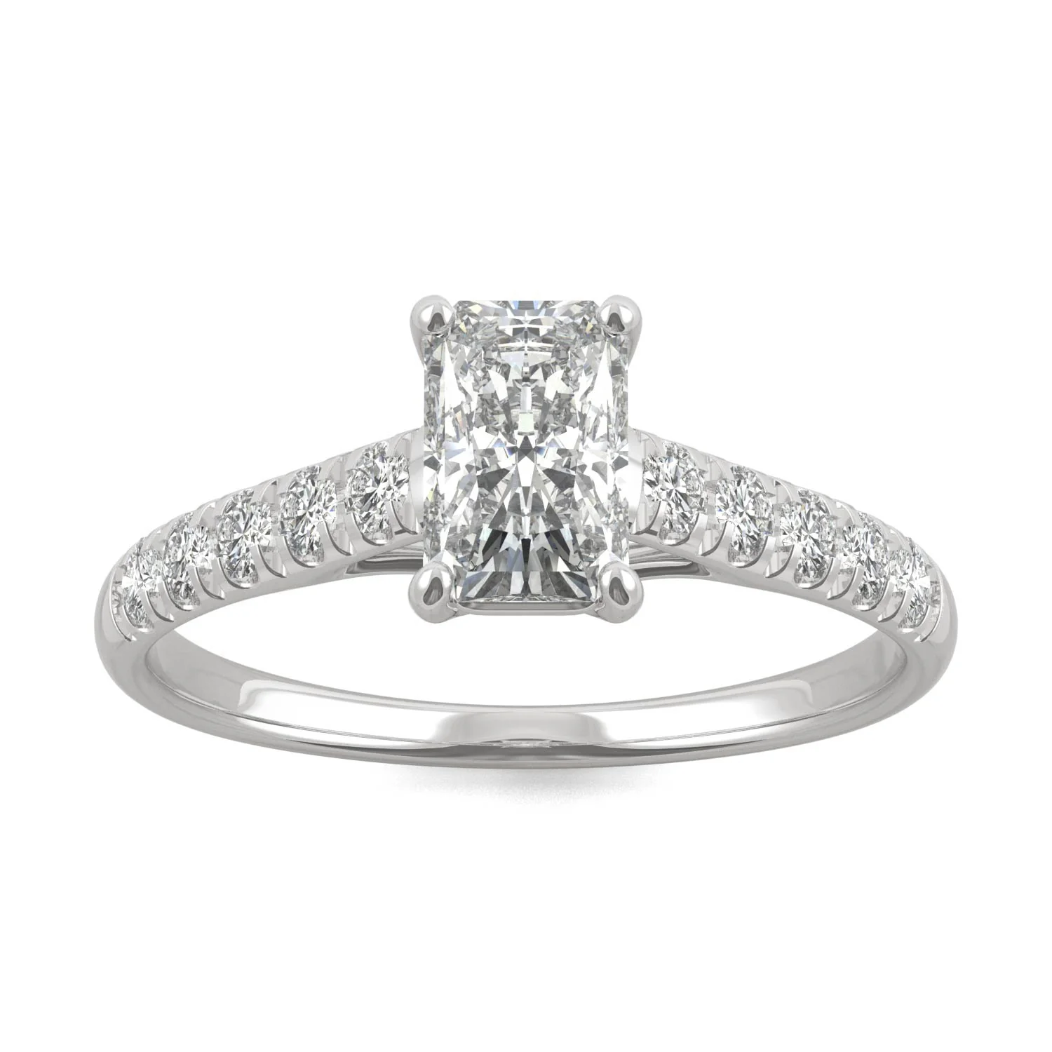 1.43 CTW DEW Radiant Moissanite Solitaire with Side Accents Engagement Ring in 14K White Gold