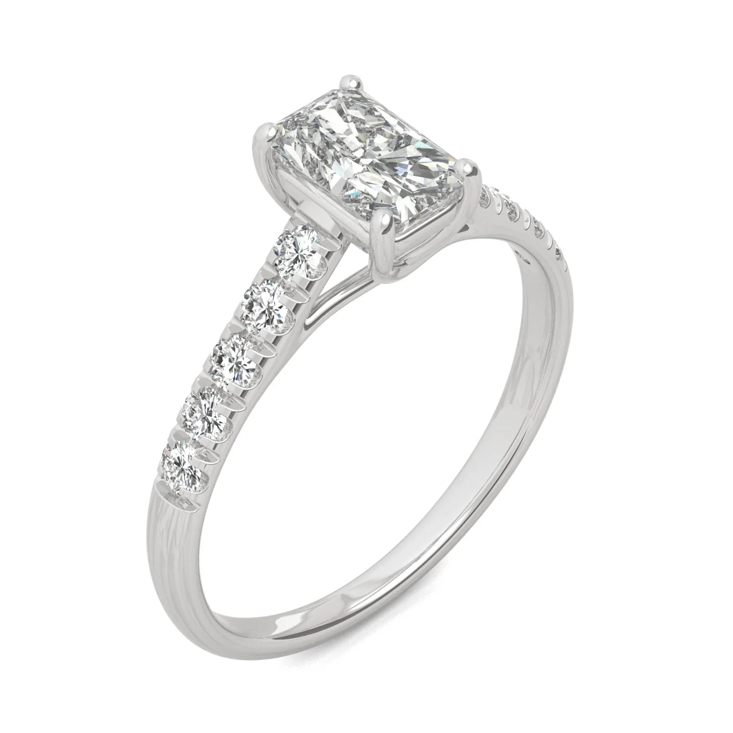 1.43 CTW DEW Radiant Moissanite Solitaire with Side Accents Engagement Ring in 14K White Gold - Image 2