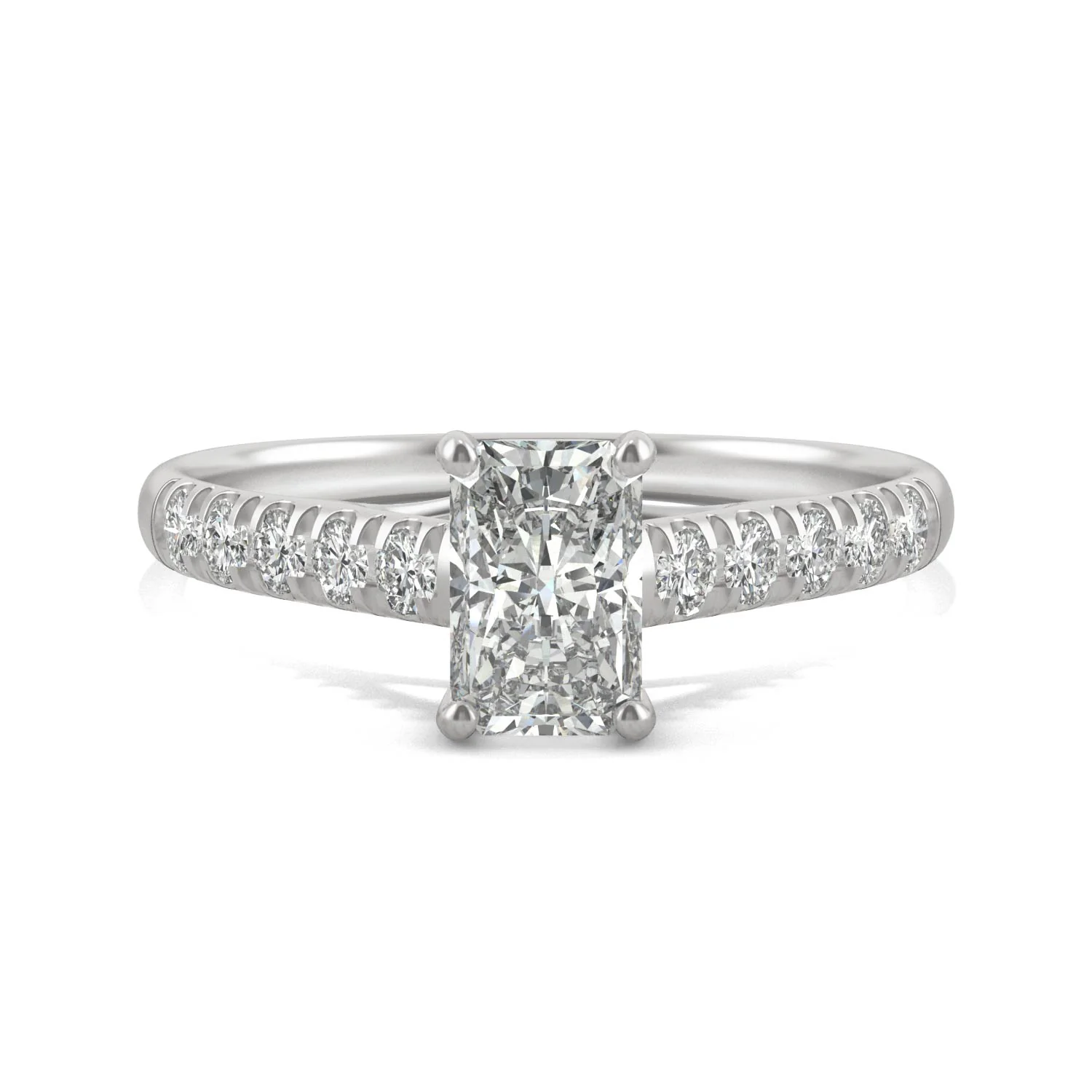 1.43 CTW DEW Radiant Moissanite Solitaire with Side Accents Engagement Ring in 14K White Gold - Image 4