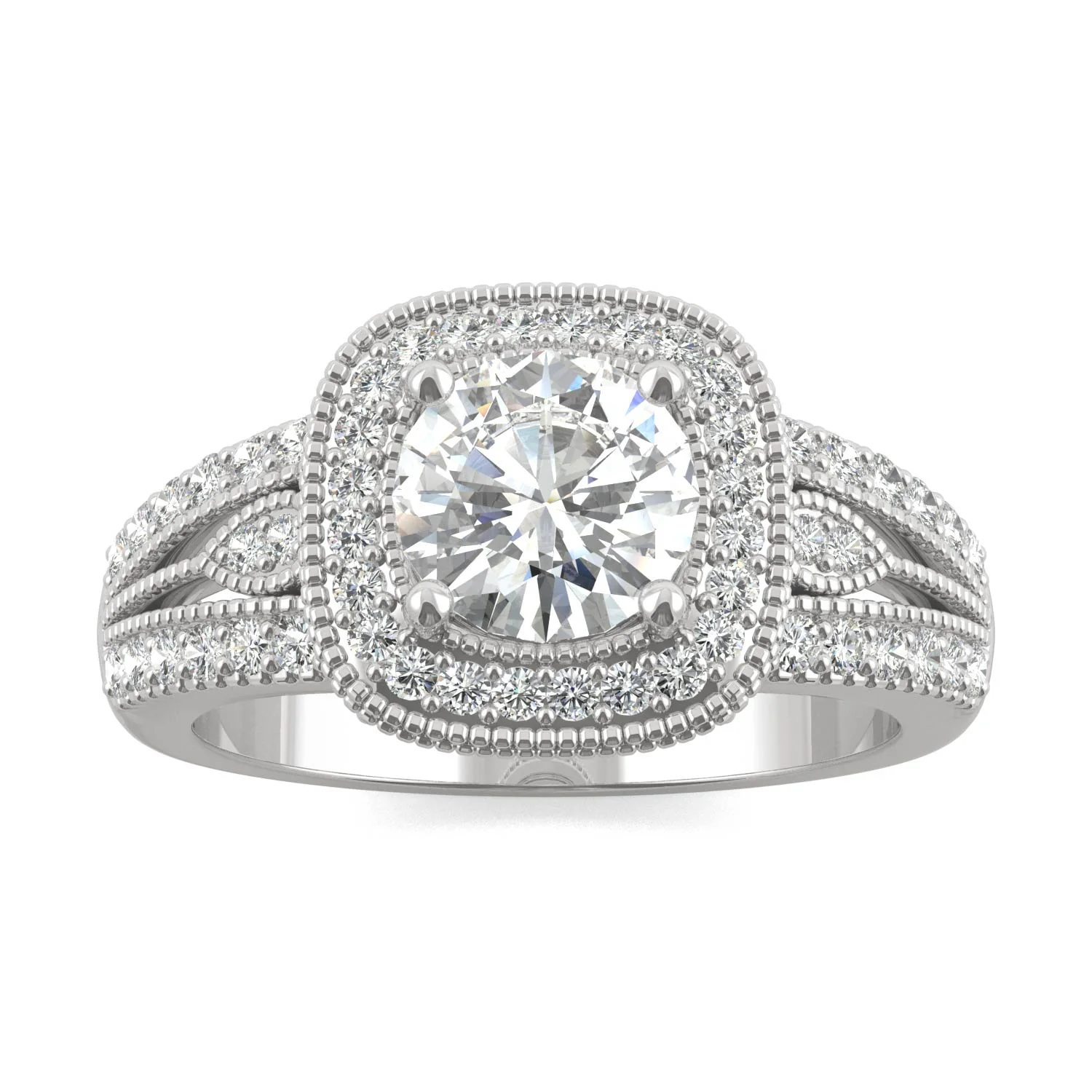1.47 CTW DEW Round Moissanite Milgrain Accented Halo Engagement Ring in 14K White Gold
