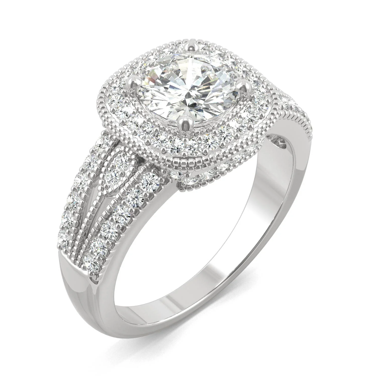 1.47 CTW DEW Round Moissanite Milgrain Accented Halo Engagement Ring in 14K White Gold - Image 2