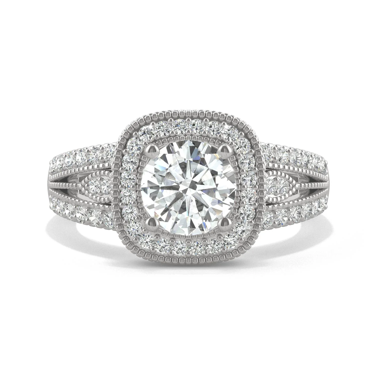 1.47 CTW DEW Round Moissanite Milgrain Accented Halo Engagement Ring in 14K White Gold - Image 4