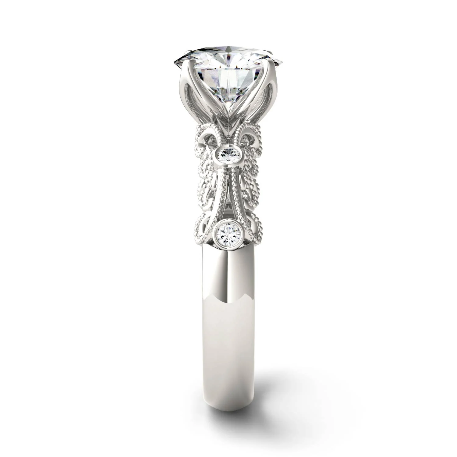 1.54 CTW DEW Round Moissanite Milgrain Accented Engagement Ring in 14K White Gold - Image 5