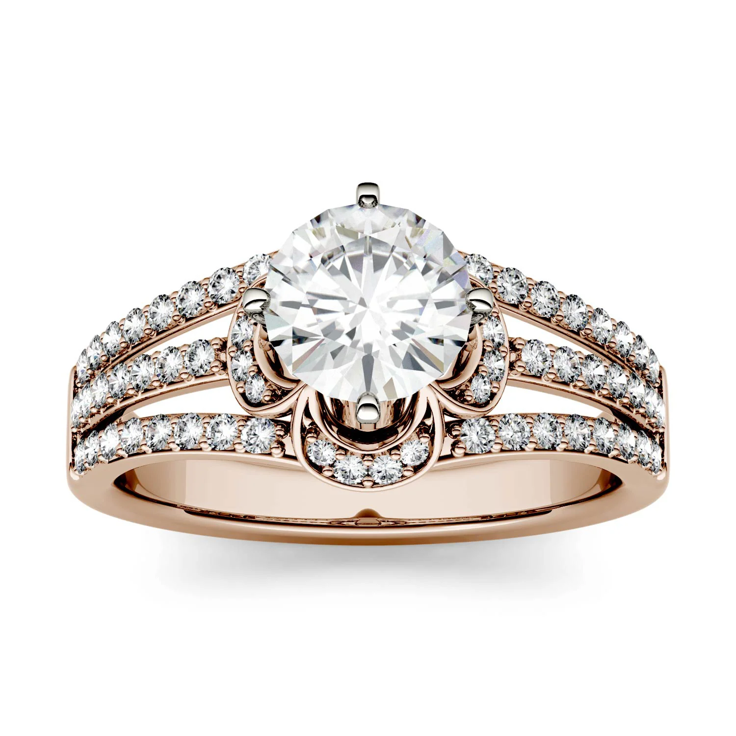 1.58 CTW DEW Round Moissanite Split Shank Floral Solitaire with Side Accents Engagement Ring in 14K Rose Gold