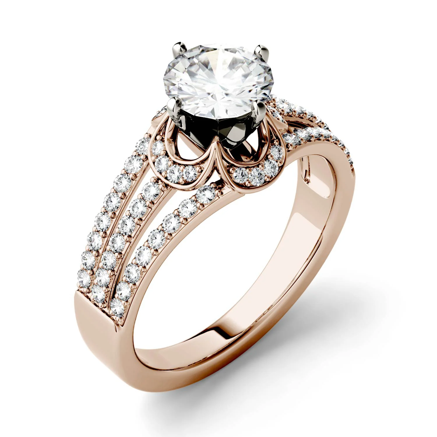 1.58 CTW DEW Round Moissanite Split Shank Floral Solitaire with Side Accents Engagement Ring in 14K Rose Gold - Image 2