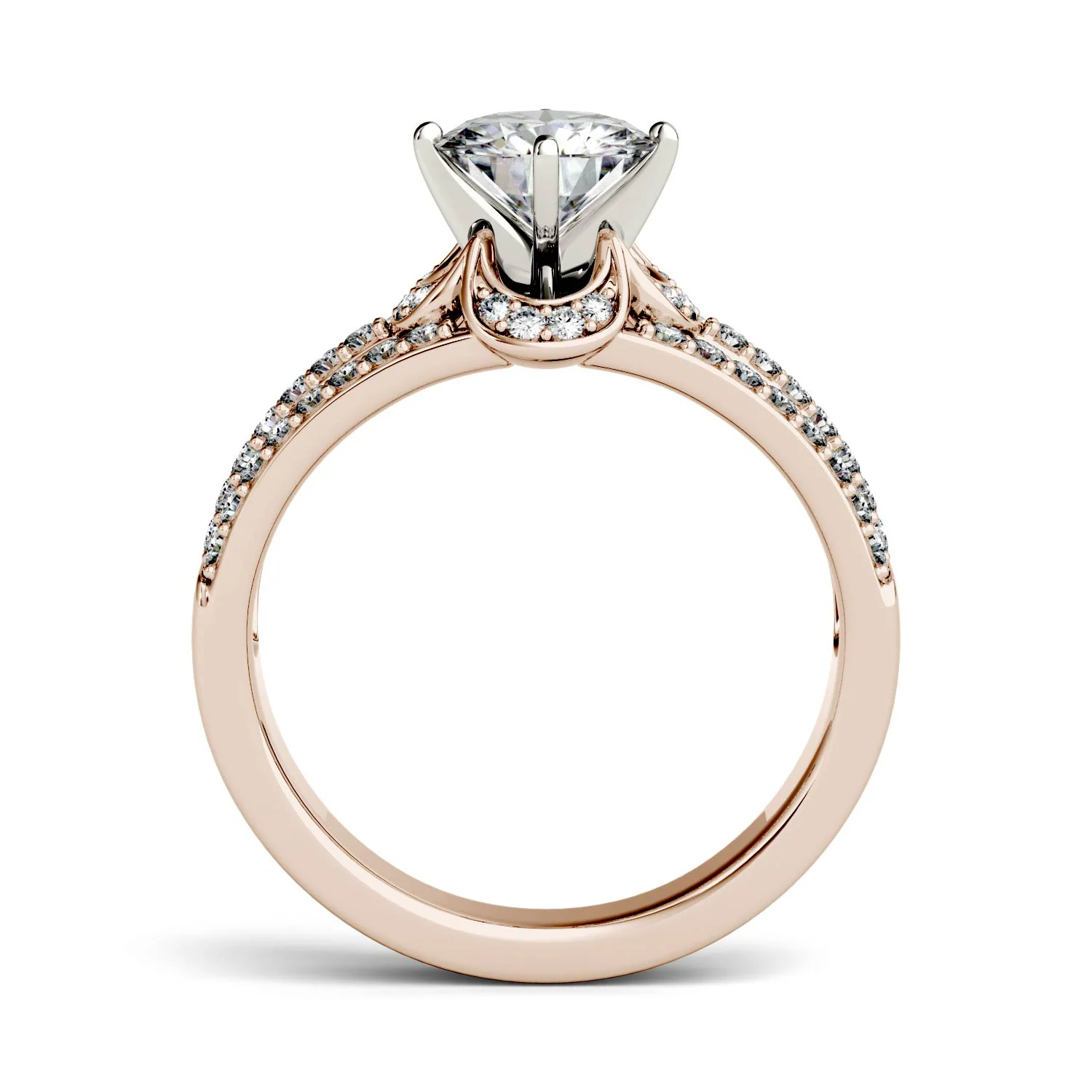 1.58 CTW DEW Round Moissanite Split Shank Floral Solitaire with Side Accents Engagement Ring in 14K Rose Gold - Image 3